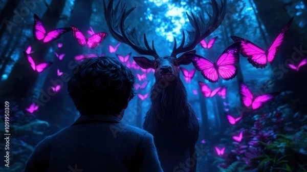 Fototapeta Enchanting scene in mystical forest, with ethereal blue light illuminating young boy in awe of majestic stag, surrounded by vibrant pink butterflies. dreamlike atmosphere prevails.