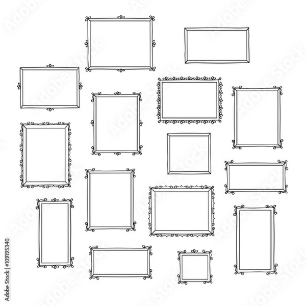 Fototapeta Set of hand drawn decorative photo frames. Vintage frames. Doodles, sketch for your design. Vector illustration.