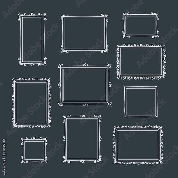 Fototapeta Set of hand drawn decorative photo frames. Vintage frames. Hand drawn with chalk on the black chalkboard. Doodles, sketch for your design. Vector illustration.
