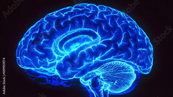 Fototapeta Glowing Blue Brain, 3D Rendering, Neural Network, AI, Neuroscience