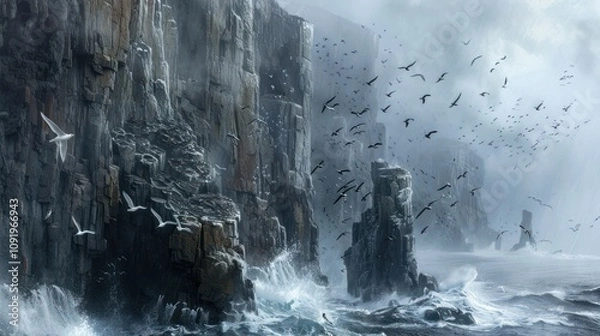 Obraz Dramatic coastal cliffs with crashing waves and a flock of birds in stormy weather.