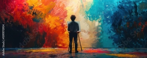Fototapeta The silhouette of a painter at their canvas, with a chaotic splash of colors behind