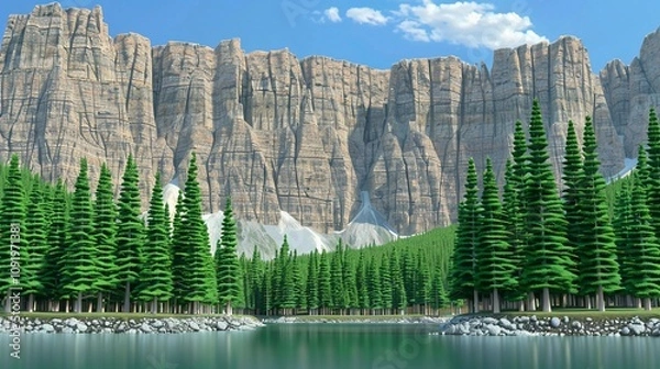 Obraz lake between forests and rock cliffs