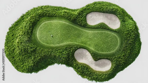 Fototapeta aerial view of bunkers sand in golf court with putting green grass with a white accent, simple style, png