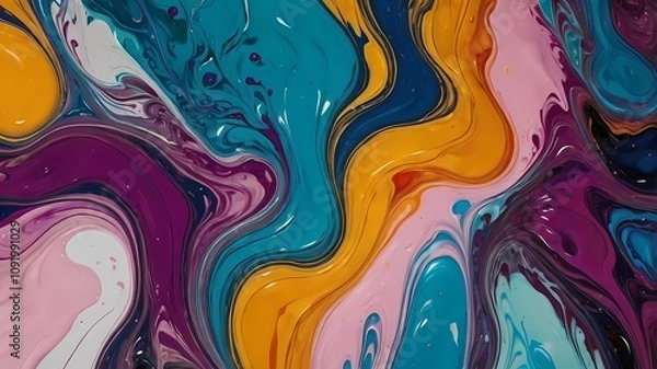 Fototapeta Beautiful abstraction of liquid paints in slow blending flow mixing together gently