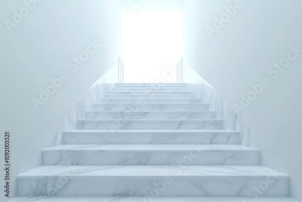 Fototapeta A set of marble stairs leading up to a bright light at the top of a white hallway.