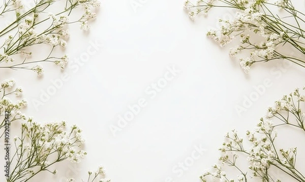 Fototapeta White flowers frame on white background, minimalist floral design, copy space.