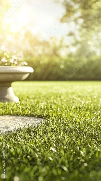 Fototapeta A serene garden scene with lush grass and a decorative planter.
