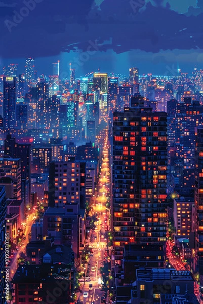 Fototapeta Vibrant smartphone wallpaper featuring a nighttime cityscape with illuminated buildings and bustling streets, showcasing a dynamic urban vibe made with generative ai