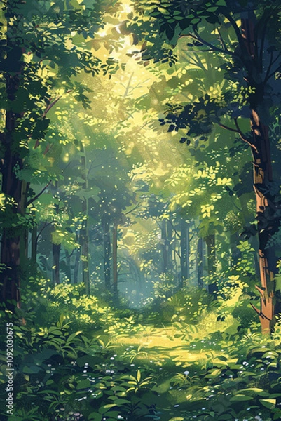 Fototapeta Enchanting smartphone wallpaper showcasing a serene forest with dappled light, tall trees, and a tranquil natural setting, made with generative ai