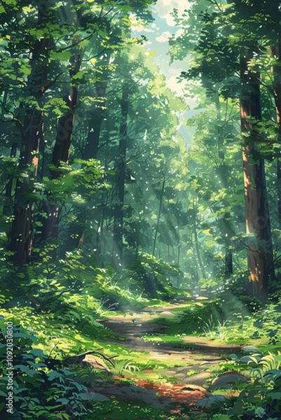 Fototapeta Magical smartphone wallpaper featuring an enchanted forest with tall trees, dappled sunlight, and lush greenery, creating a serene atmosphere, made with generative ai