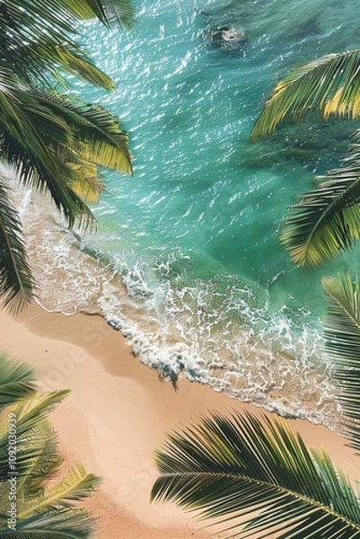 Fototapeta Serene tropical beach scene with crystal-clear turquoise water, soft white sand, and lush palm trees, perfect for smartphone backgrounds, made with generative ai