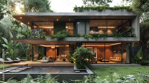 Fototapeta A luxurious modern house with expansive windows illuminated by warm lights, accompanied by a large swimming pool, exemplifying elegance and comfort.
