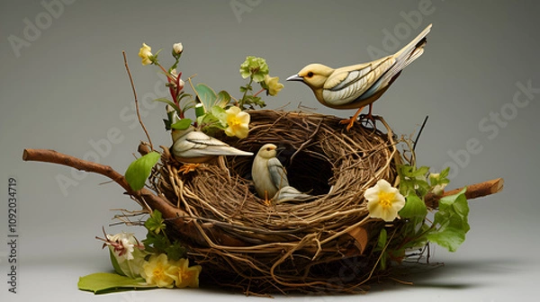 Fototapeta portrait of a small important Sparrow chick sitting in a nest in a summer Sunny garden waiting for parents
