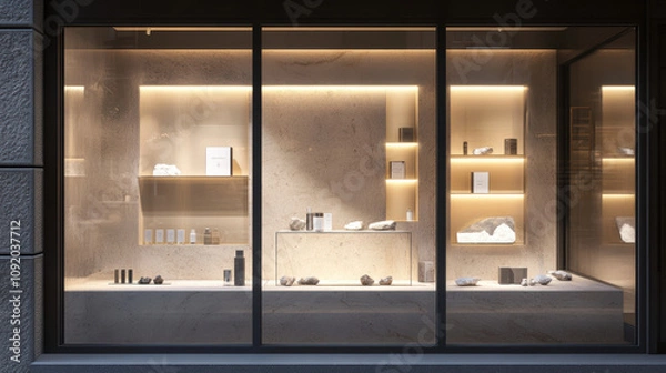 Fototapeta Chic storefront display featuring luxury cosmetics, minimalist stands, decorative stones, and candles