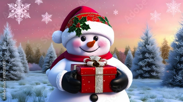 Obraz Cheerful snowman with a red hat and scarf standing in a snowy landscape with gift box