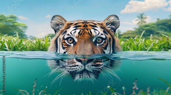 Fototapeta Tigers are lurking in the water with sharp eyes