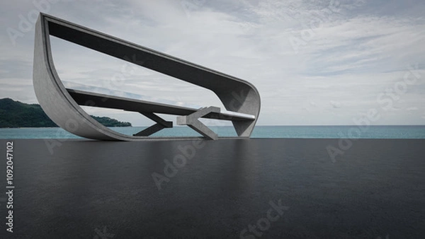 Fototapeta Abstract architecture design of modern building. Empty parking area concrete floor with beach and blue sky sea view. 3D rendering background image for car scene.