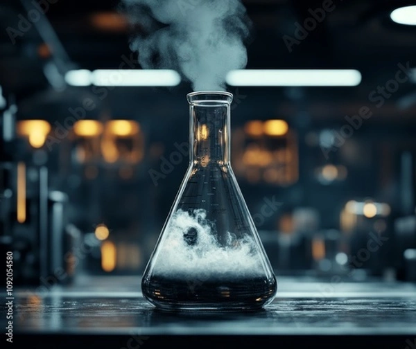 Obraz Laboratory flask with steam and bubbling liquid.
