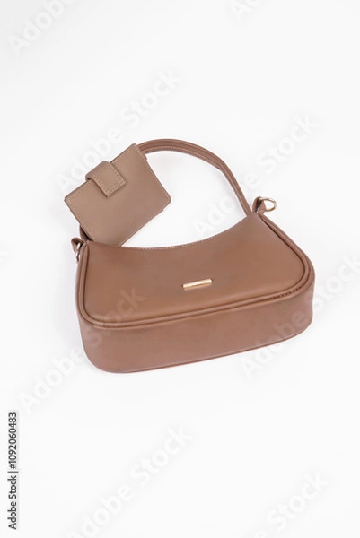 Obraz Women's brown handbag and wallet isolated on white background