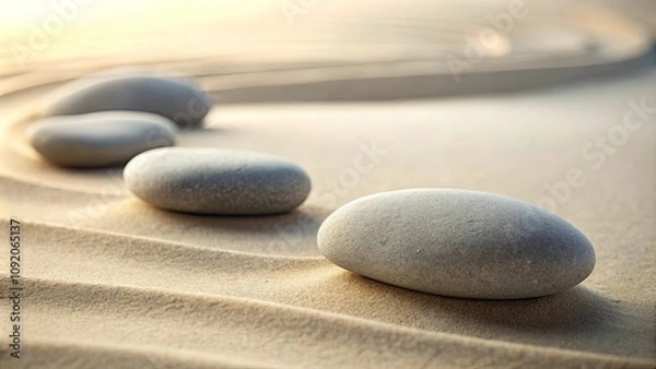 Fototapeta Smooth Grey Stones Resting on Soft, Textured Sand, Creating a Path Towards Tranquility and Mindfulness