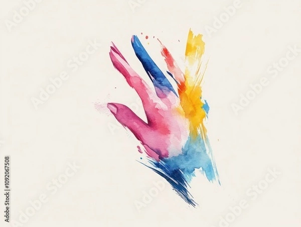 Fototapeta Abstract Watercolor Illustration of a Colorful Artistic Hand Gesture with Splashes of Pink, Blue, and Yellow on a Soft Neutral Background, Perfect for Creative Projects