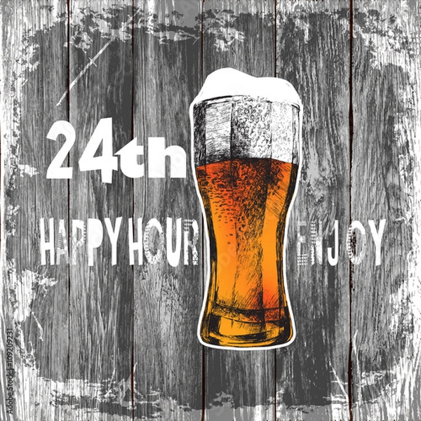 Fototapeta glass of beer with foam. wood background beer happy hour-enjoy.vector illustration