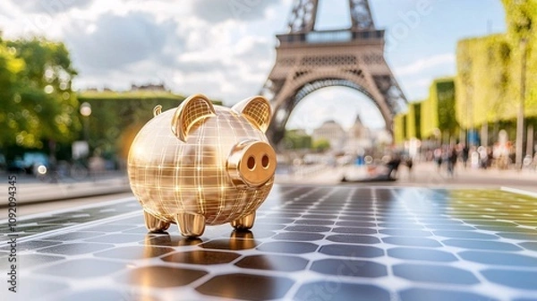 Fototapeta Solar savings concept.A golden piggy bank on a solar panel, with the Eiffel Tower in the background, symbolizing savings and renewable energy.