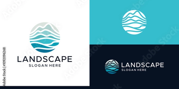 Fototapeta Landscape design logo. abstract mountain logo with sea water design in colorful style. vector symbol icon