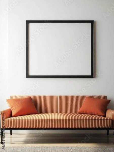 Fototapeta Modern Striped Sofa With Blank Frame Above