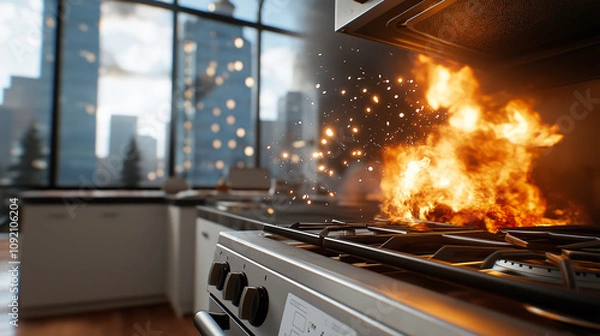 Fototapeta kitchen stove is engulfed in flames, with sparks flying in modern apartment setting. Large windows reveal cityscape in background, creating dramatic contrast