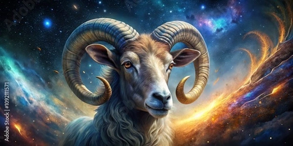 Fototapeta Ram in the Cosmic Sky - Digital Painting, Zodiac, Astrology, Ram, Constellation