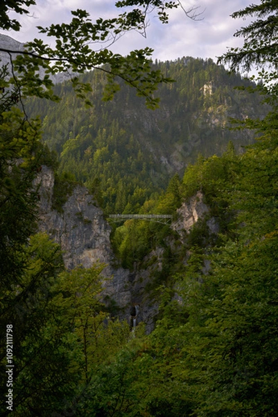 Fototapeta Marienbrucke Bridge of Queen Mary Fussen Germany. Marienbrucke or Bridge of Queen Mary is a favorite viewpoint for Neuschwanstein Castle in the Bavarian Alps.

