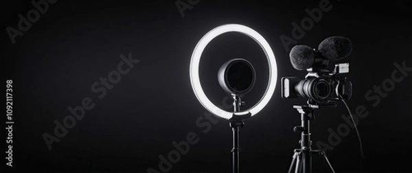 Obraz Professional video equipment featuring a camera, ring light, and audio gear on a black background, ideal for content creation.