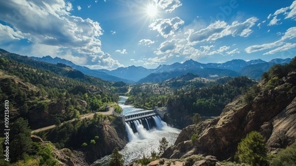 Fototapeta A hydroelectric dam nestled in a scenic mountain range, with torrents of water flowing through its turbines under a bright sky.