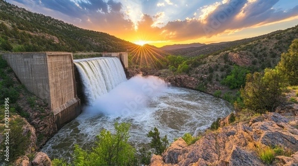 Fototapeta A hydroelectric dam releasing torrents of water, surrounded by a lush, mountainous landscape under the glow of the setting sun.