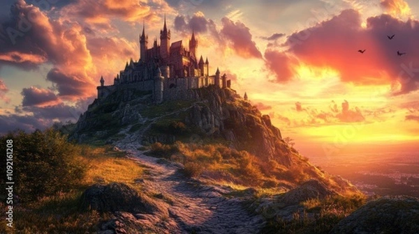 Fototapeta Majestic castle rising above sunset hilltop landscape digital art panoramic view medieval concept for seo impact