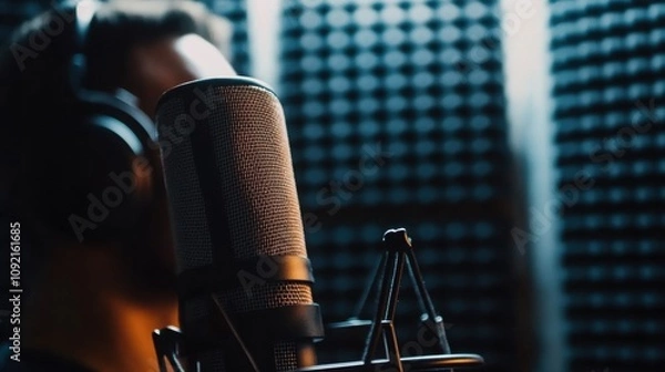 Fototapeta voice actor recording in studio with microphone and headphones