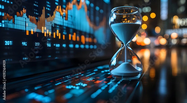 Obraz A digital hourglass sits atop a data analysis screen, symbolizing the intersection of time management and analytics in a modern, tech-savvy environment.