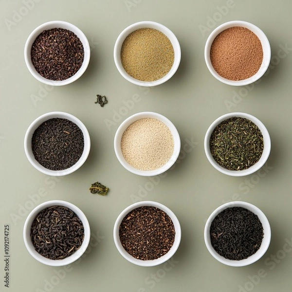 Fototapeta 2409_084.An assortment of whole, uncropped gourmet tea varieties on  pale sage background, view from above, showcasing diverse varieties, arranged with space around each gourmet tea varieties,