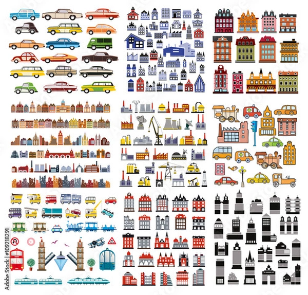 Fototapeta Przedmioty do projektowania i kreatywności. Zestaw domów i budynków.