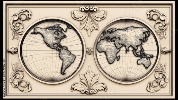 Fototapeta Intricate vintage world map engraving with detailed linework, showcasing continents and oceans in classic style. Perfect for art lovers and history enthusiasts