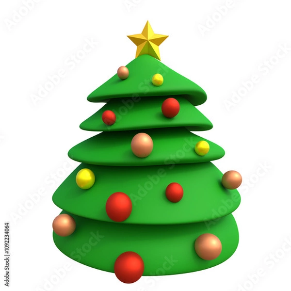 Obraz Christmas tree decorated with colorful baubles. Isolated on white, cartoon-style holiday icon, design element for holiday festive designs. Stylized 3D render Xmas tree 
