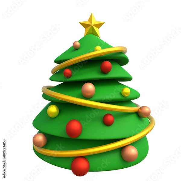 Obraz Christmas tree decorated with colorful baubles and garland. Isolated on white, cartoon-style holiday icon, festive seasonal design for advertisement