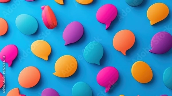 Fototapeta Vibrant Colorful Speech Bubbles Over a Bright Blue Background Ideal for Communication Themes, Dialogue Concepts, and Social Media Engagement Visuals