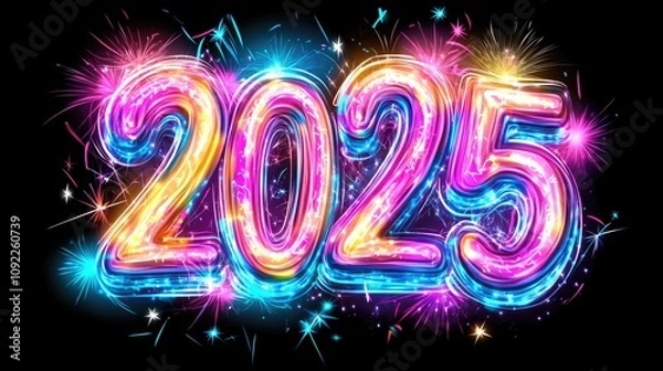 Fototapeta Vibrant neon 2025 celebration with multicolored fireworks display on black background