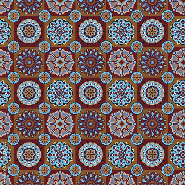 Fototapeta Decorative flowers blue and brown color seamless pattern.
