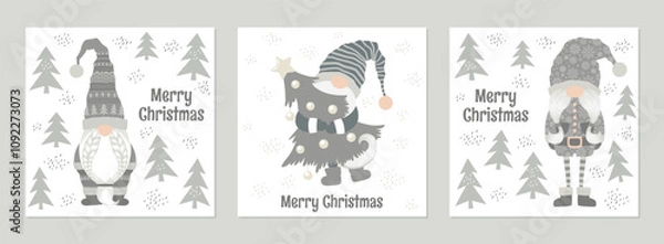 Fototapeta Merry Christmas and New Year vector illustrations set with cute hand drawn scandinavian gnomes, trees and letterings isolated on white background. Design for poster print, card, decoration