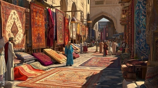 Obraz A Vibrant Carpet Bazaar: Sun-Drenched Rugs and Ancient Architecture