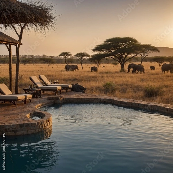 Fototapeta A luxury safari lodge with a private pool overlooking the savannah.
